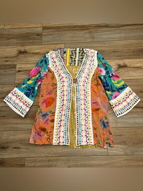 John Mark Floral Embroidered Mixed Media Kimono SZ Medium Cardigan Artsy Boho